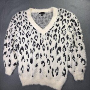 Parkhurst Sweater Women Small White Black Leopard Animal Print V Neck Fuzzy Cozy